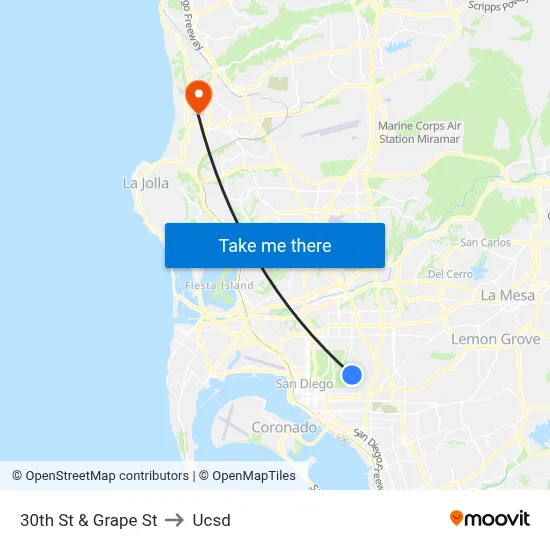 30th St & Grape St to Ucsd map