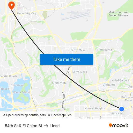 54th St & El Cajon Bl to Ucsd map