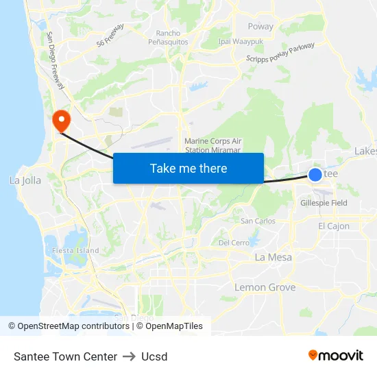 Santee Town Center to Ucsd map