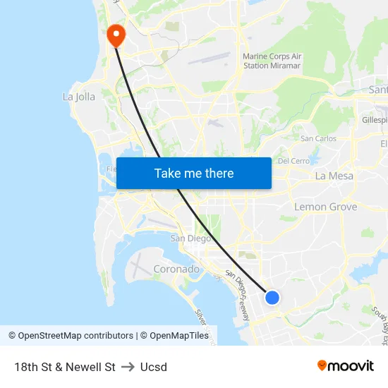 18th St & Newell St to Ucsd map