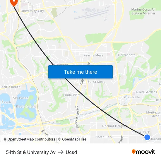 54th St & University Av to Ucsd map