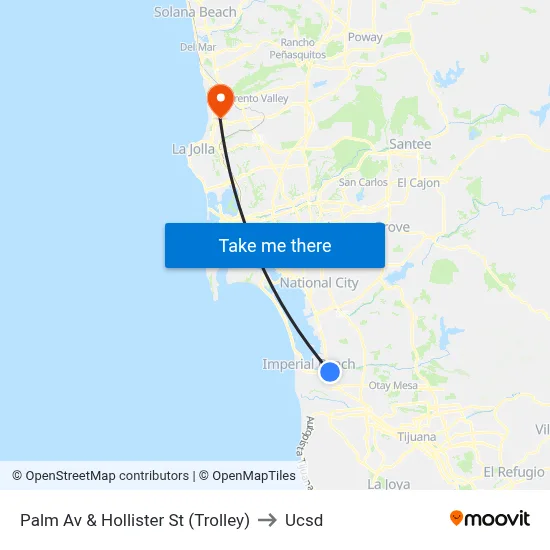 Palm Av & Hollister St (Trolley) to Ucsd map