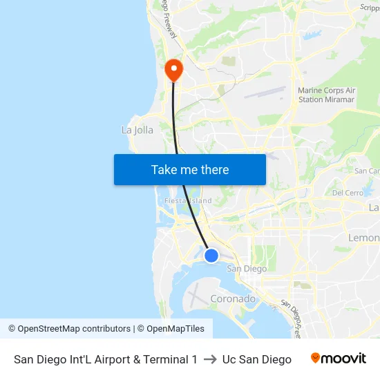 San Diego Int'L Airport & Terminal 1 to Uc San Diego map