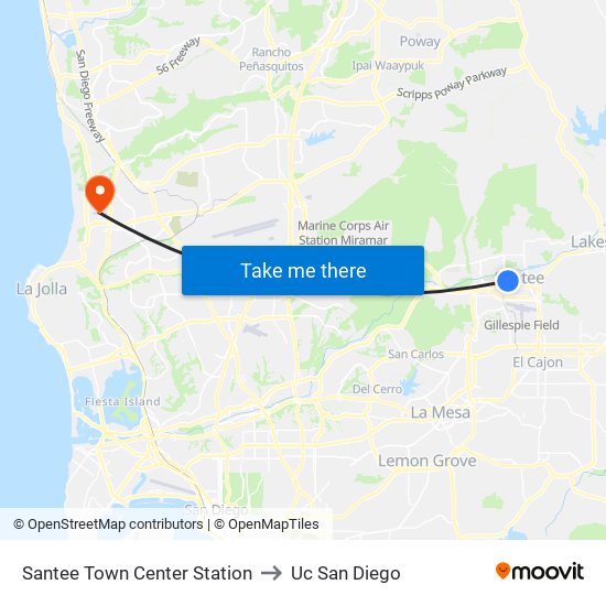 Santee Town Center Station to Uc San Diego map