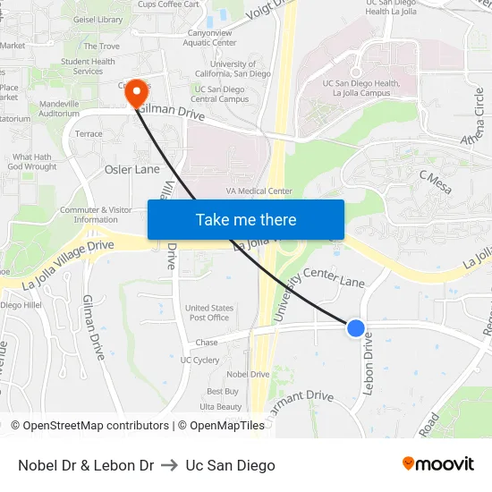 Nobel Dr & Lebon Dr to Uc San Diego map