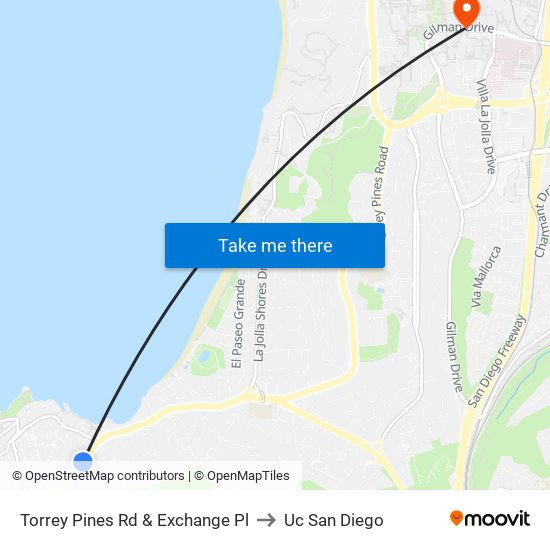 Torrey Pines Rd & Exchange Pl to Uc San Diego map