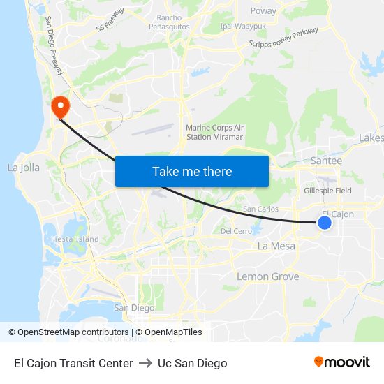 El Cajon Transit Center to Uc San Diego map