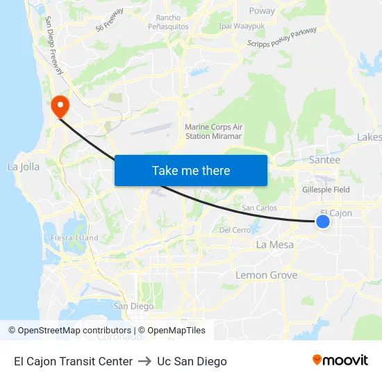 El Cajon Transit Center to Uc San Diego map