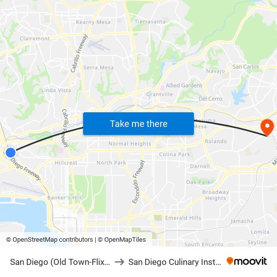 San Diego (Old Town-Flixbus) to San Diego Culinary Institute map