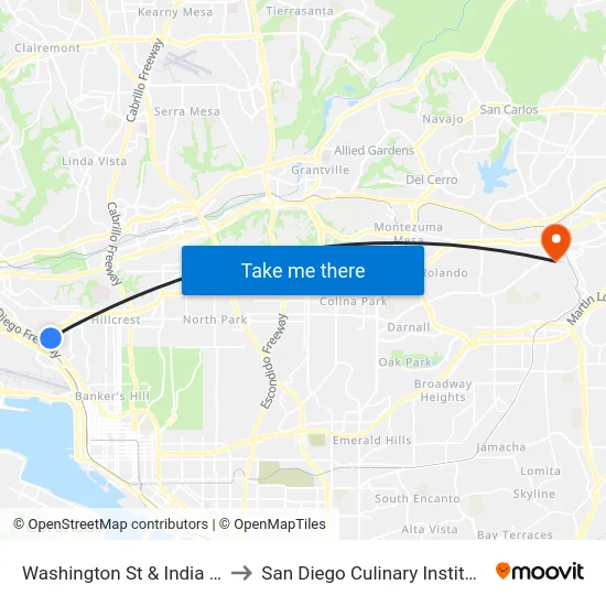 Washington St & India St to San Diego Culinary Institute map