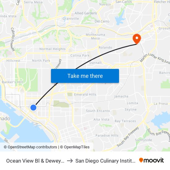 Ocean View Bl & Dewey St to San Diego Culinary Institute map