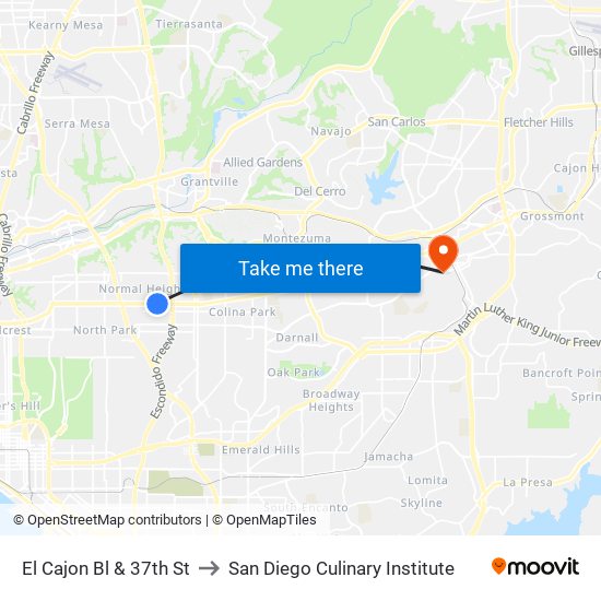 El Cajon Bl & 37th St to San Diego Culinary Institute map