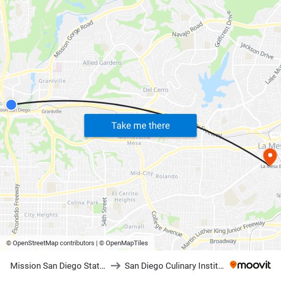 Mission San Diego Station to San Diego Culinary Institute map