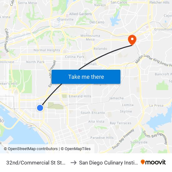 32nd/Commercial St Station to San Diego Culinary Institute map