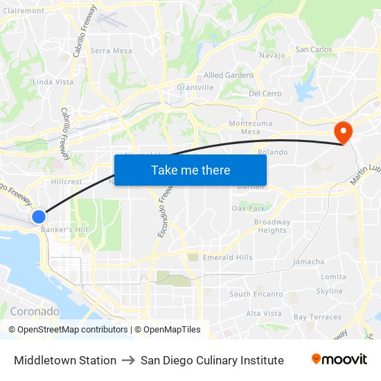 Middletown Station to San Diego Culinary Institute map