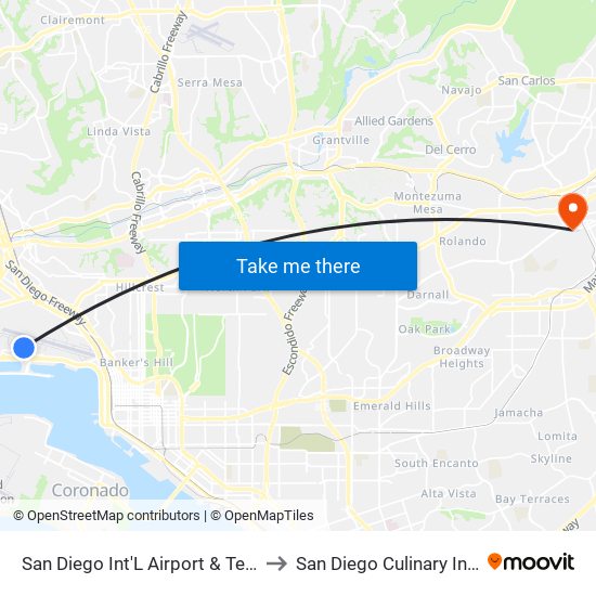 San Diego Int'L Airport & Terminal 1 to San Diego Culinary Institute map