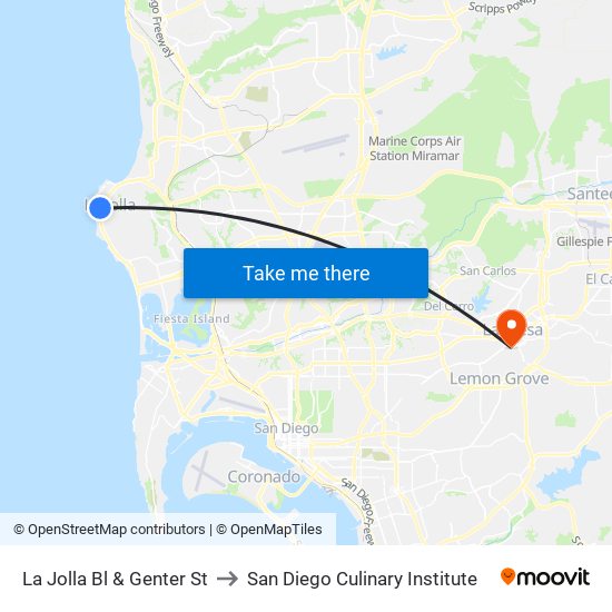 La Jolla Bl & Genter St to San Diego Culinary Institute map