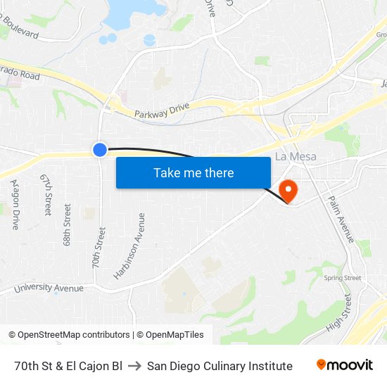 70th St & El Cajon Bl to San Diego Culinary Institute map