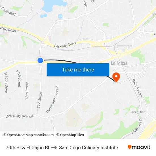 70th St & El Cajon Bl to San Diego Culinary Institute map