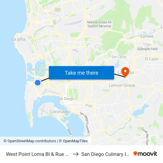 West Point Loma Bl & Rue D'Orleans to San Diego Culinary Institute map
