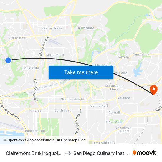 Clairemont Dr & Iroquois Av to San Diego Culinary Institute map