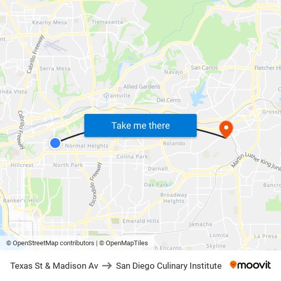 Texas St & Madison Av to San Diego Culinary Institute map