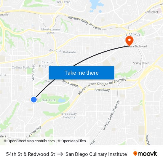 54th St & Redwood St to San Diego Culinary Institute map