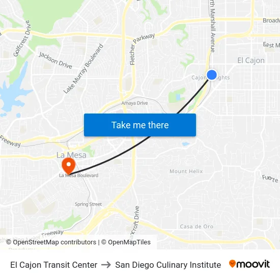 El Cajon Transit Center to San Diego Culinary Institute map