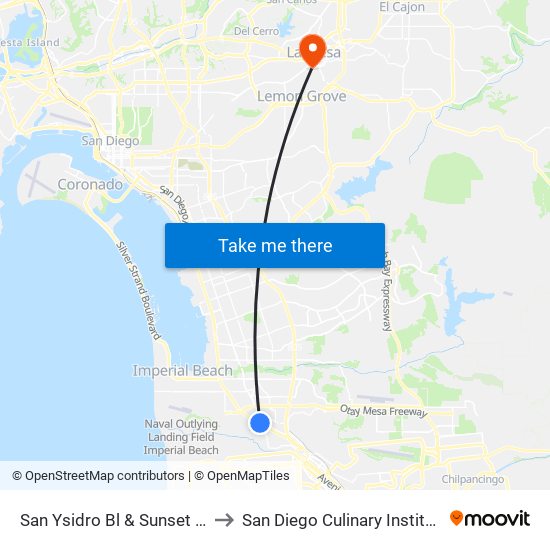 San Ysidro Bl & Sunset Ln to San Diego Culinary Institute map