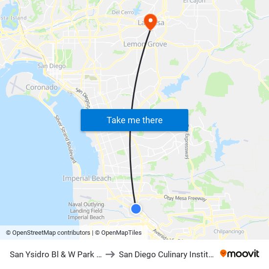 San Ysidro Bl & W Park Av to San Diego Culinary Institute map