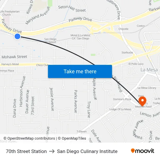 70th Street Station to San Diego Culinary Institute map