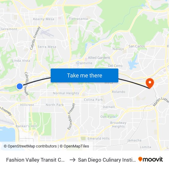 Fashion Valley Transit Center to San Diego Culinary Institute map