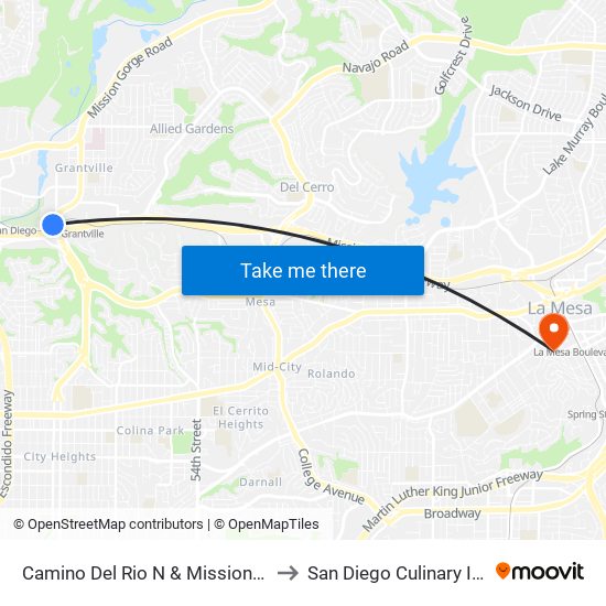 Camino Del Rio N & Mission Gorge Rd to San Diego Culinary Institute map