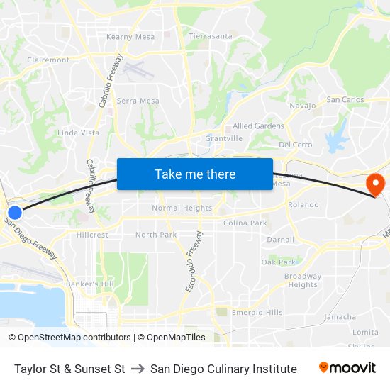 Taylor St & Sunset St to San Diego Culinary Institute map