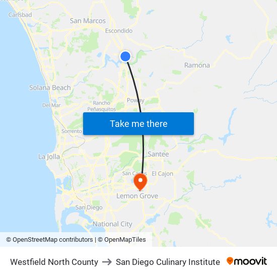 Westfield North County to San Diego Culinary Institute map