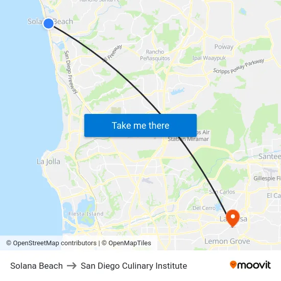 Solana Beach to San Diego Culinary Institute map