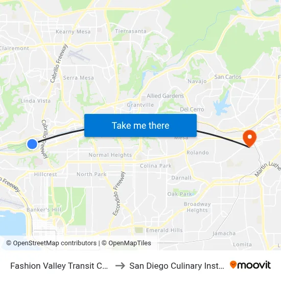 Fashion Valley Transit Center to San Diego Culinary Institute map