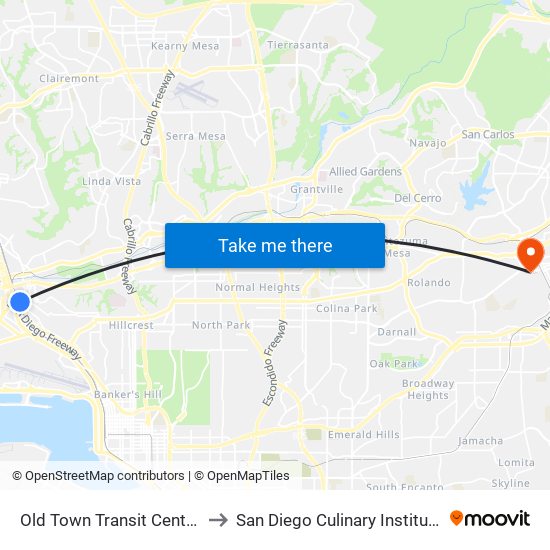 Old Town Transit Center to San Diego Culinary Institute map