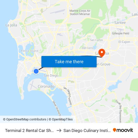 Terminal 2 Rental Car Shuttle to San Diego Culinary Institute map