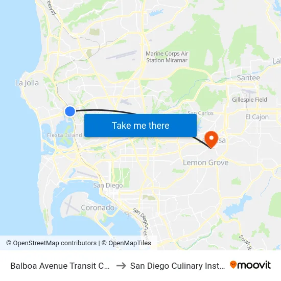 Balboa Avenue Transit Center to San Diego Culinary Institute map