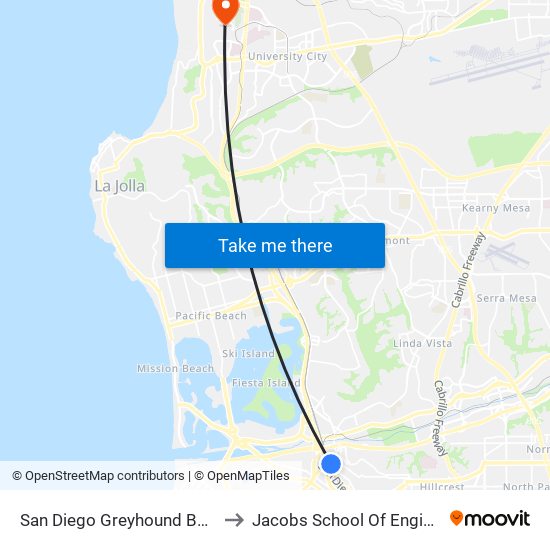 San Diego Greyhound Bus Stop to Jacobs School Of Engineering map