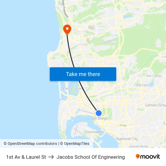 1st Av & Laurel St to Jacobs School Of Engineering map