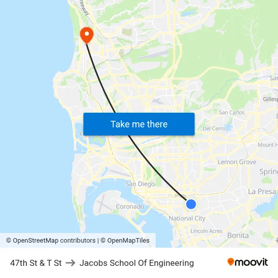 47th St & T St to Jacobs School Of Engineering map