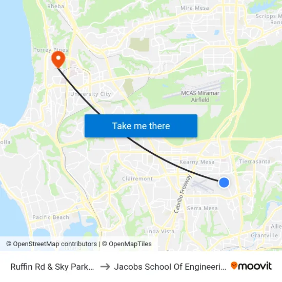 Ruffin Rd & Sky Park Ct to Jacobs School Of Engineering map