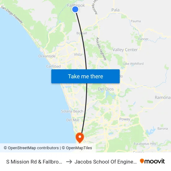 S Mission Rd & Fallbrook St to Jacobs School Of Engineering map