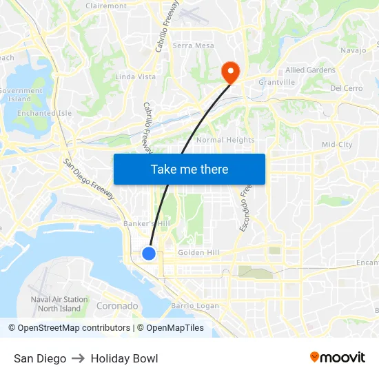 San Diego to Holiday Bowl map