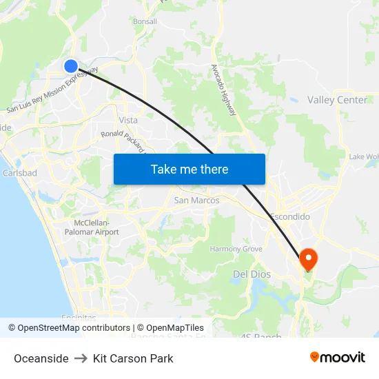 Oceanside to Kit Carson Park map