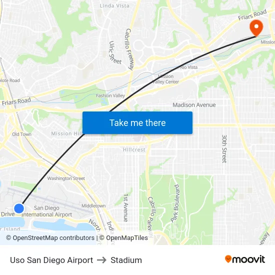 Uso San Diego Airport to Stadium map