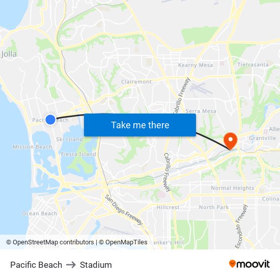 Pacific Beach to Stadium map