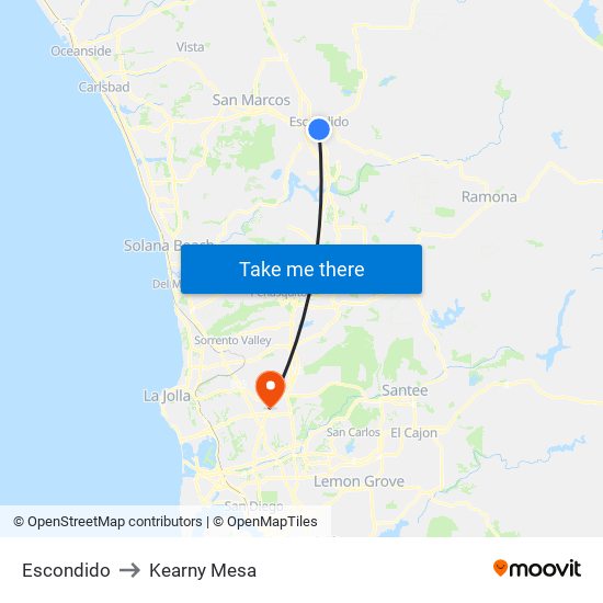 Escondido to Kearny Mesa map